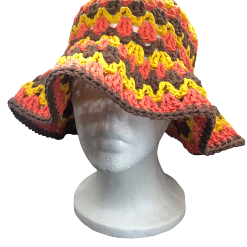 Crochet Bucket Hat | Fall Festival -Brown, Coral, Mustard - Picture 4 of 15
